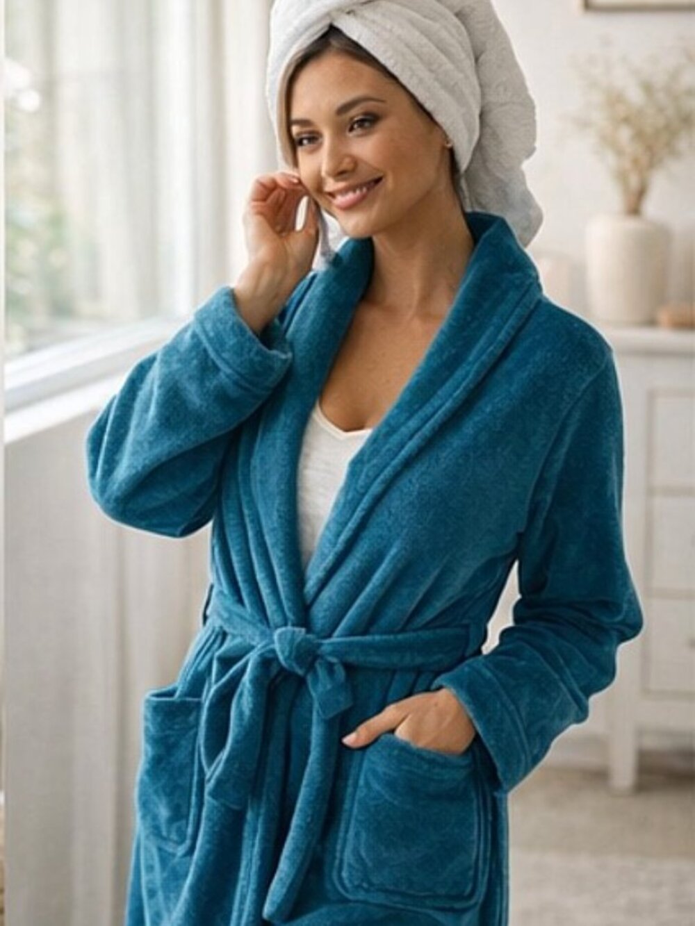 Ms. Maggie Cozy 100% Polyester Fleece Robe Teal Loungewear with Tie Belt S/M - Picture 6 of 8